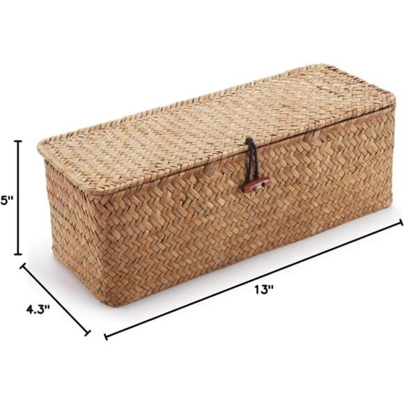 Seagrass Storage Basket with Lid Rectangular Small Woven Shelf Baskets with - Picture 7 of 8